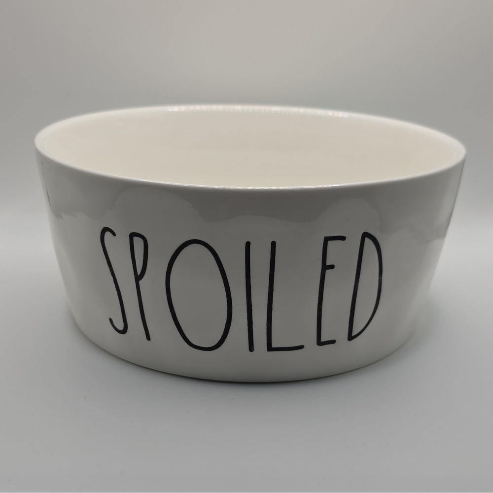 White Ceramic Round Bowl, Shiny Finish, Black "SPOILED" Lettering